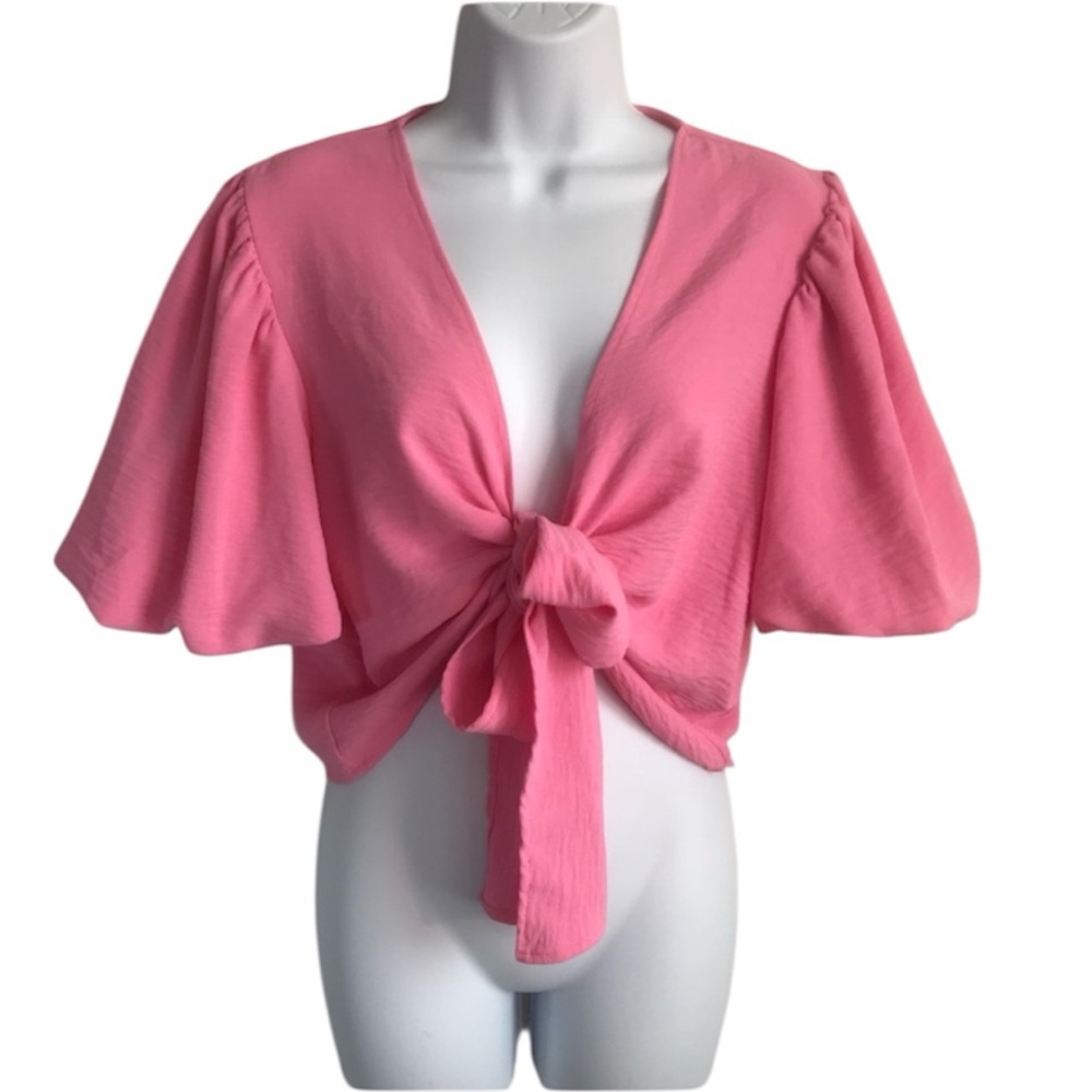 Altar'd State Women’s L Pink Puff Sleeve Cropped Tie Front Top Blouse in EUC